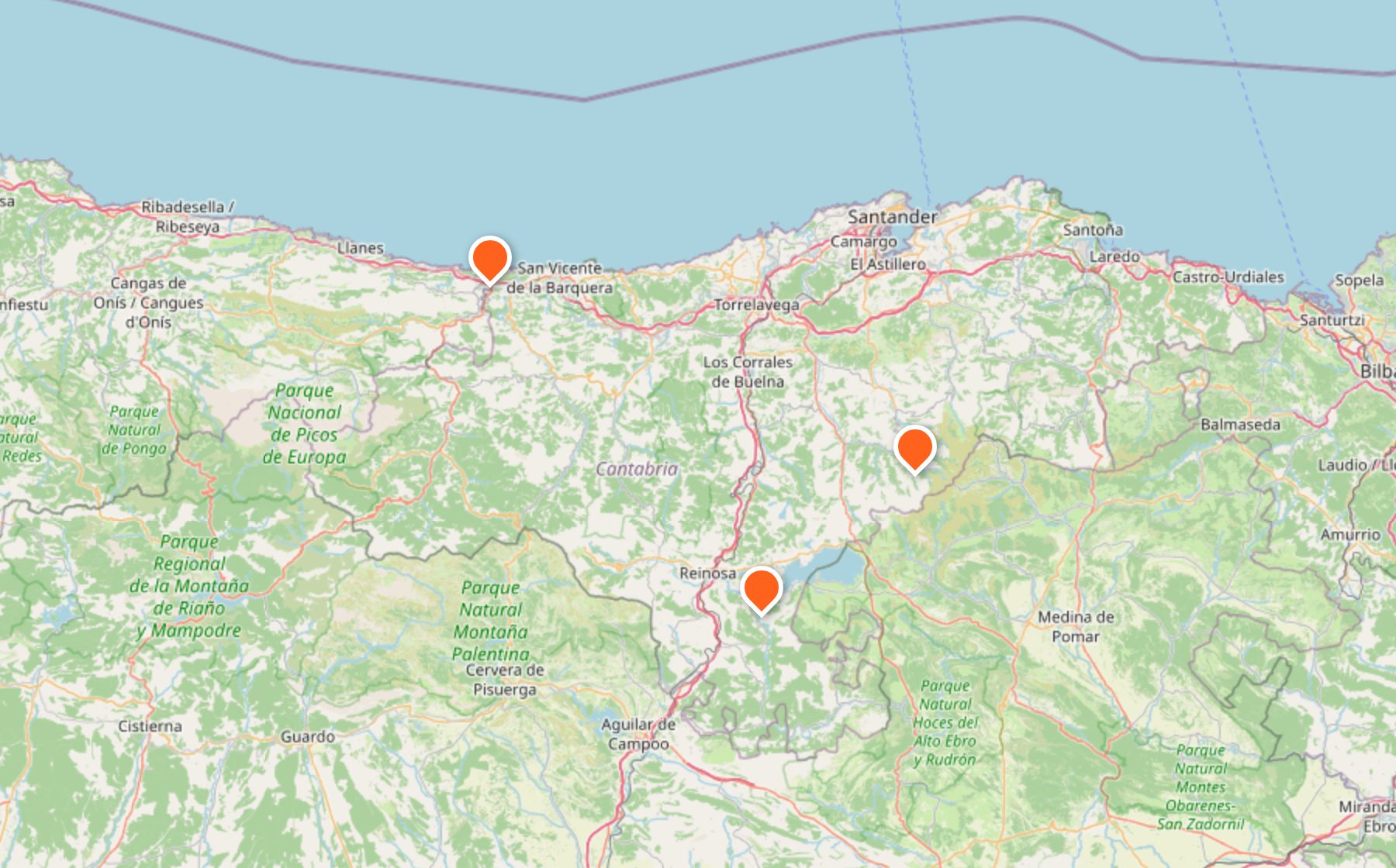 Mapa de nuestras bases en Cantabria, Asturias y Burgos